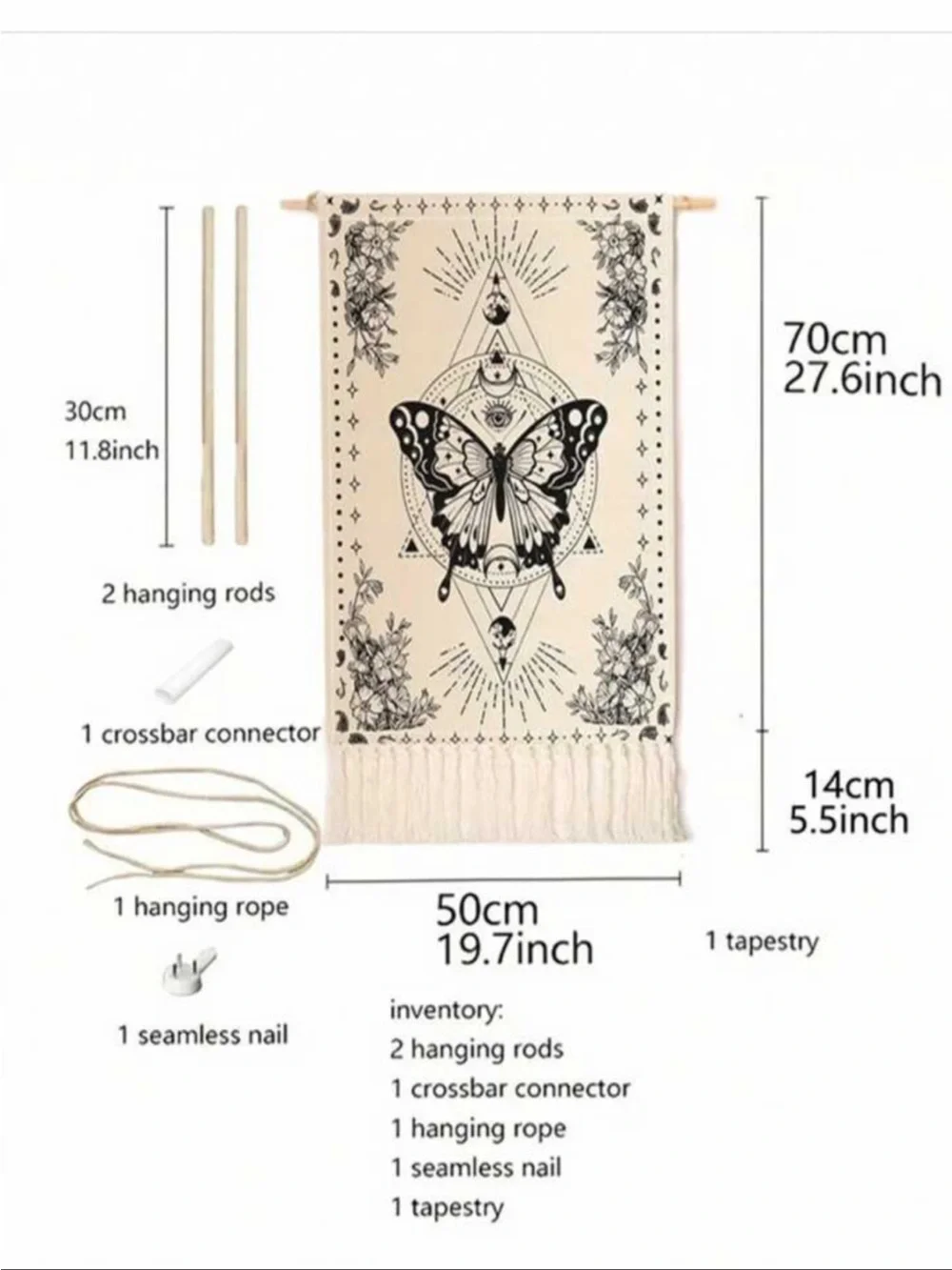 Butterfly celestial fringe Tapestry with Wooden Dowels and Connector